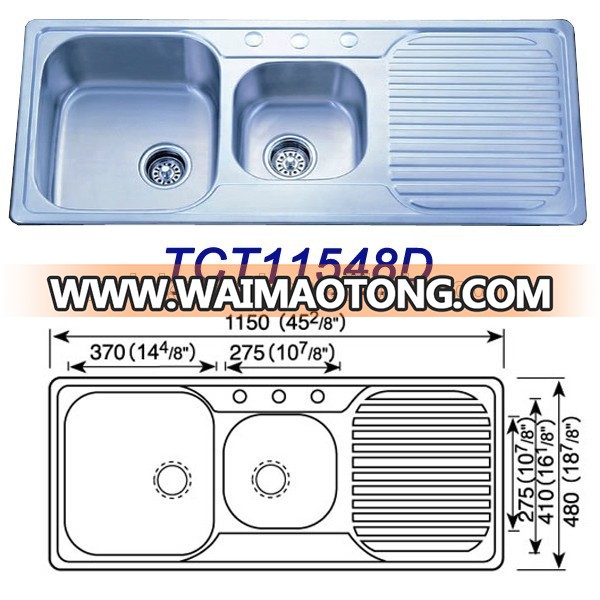 Satin Finish Double Bowl Topmount Stainless Steel Kitchen sinks With Drainboard